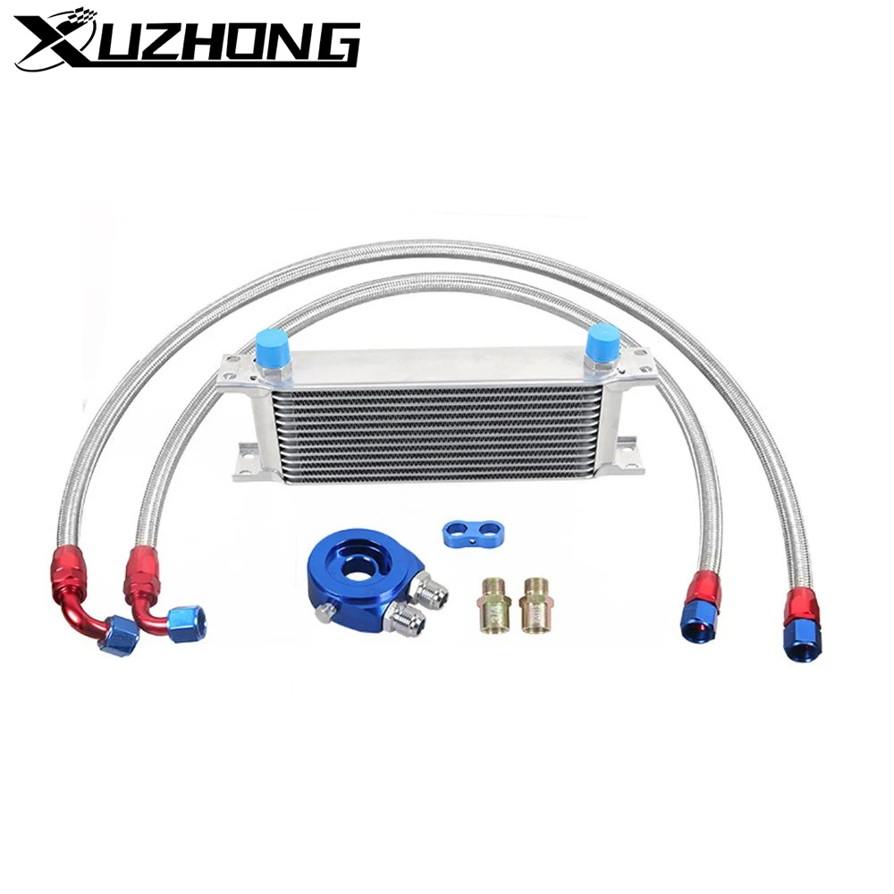Universal 13 Rows Transmission Oil Cooler Kit + Oil Filter Sandwich Adapter + Nylon Stainless Steel Braided An10 Fuel Hose