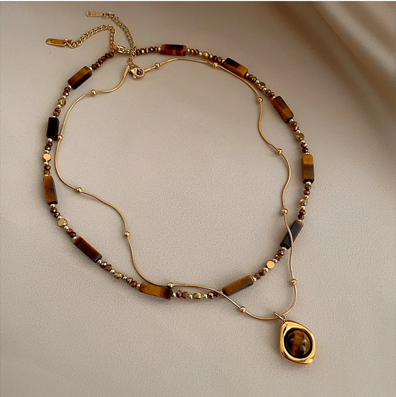 Retro Layered Tiger Eye Stone Pendant Necklace for Women-Giltoria