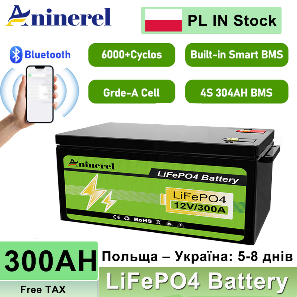  Aninerel 300AH 12V LiFePO4 battery 3840Wh capacity Suitable outdoor Solar portable battery 6000 cycles Built-in Bluetooth BMS 