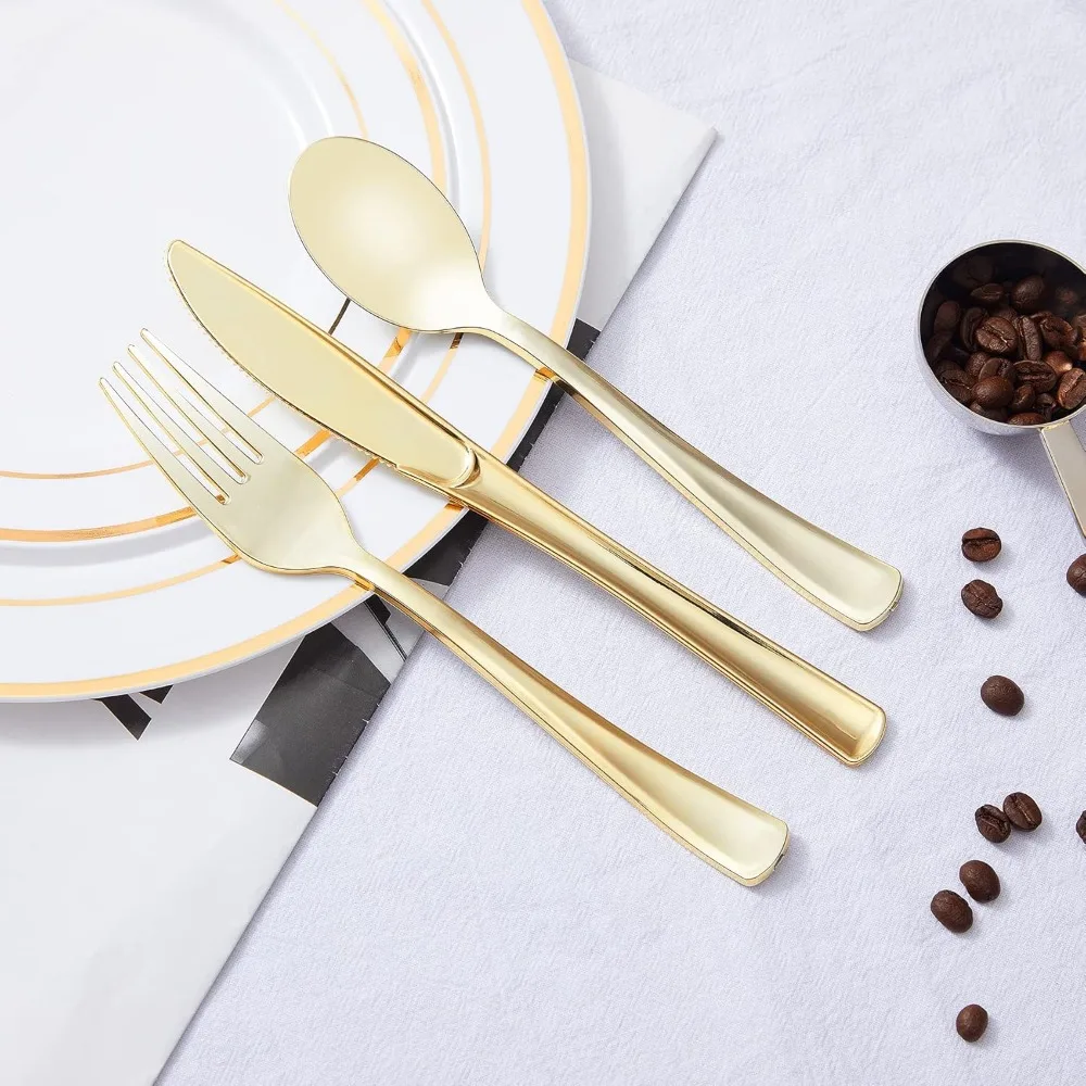 N9R 300PCS Gold Plastic Silverware Plastic Cutlery Set Disposable Flatware Dinnerware -100 Gold Forks, 100 Spoons