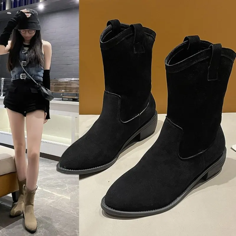 New Women Cowboy Ankle Boots Block Heels Flock Slip On Ladies Short Boot Autumn Retro Western Female Soild Plus Size Knight Boot