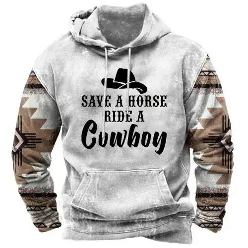 Spring Autumn Men Cowboy Hoodie Vintage Print Casual Stylish Pullover Fashion Long Sleeve Hooded Clothing Male Retro Streetwear