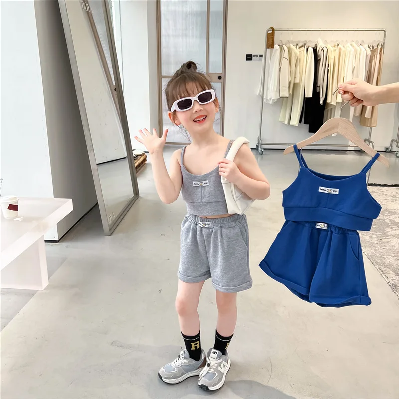 clothes set color	 Girls' Western-Style Leisure Suit 2022 Summer Korean Children'S Letter Embroidered Camisole Shorts Two-Piece Set baby boy clothing sets cheap	