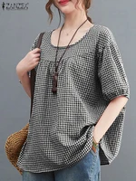 ZANZEA Summer Vintage Women Casual Loose Shirt Baggy Plaid Checked Tops Tunic Fashion O Neck Short Sleeve Blouse Blusas Chemise - Image 4