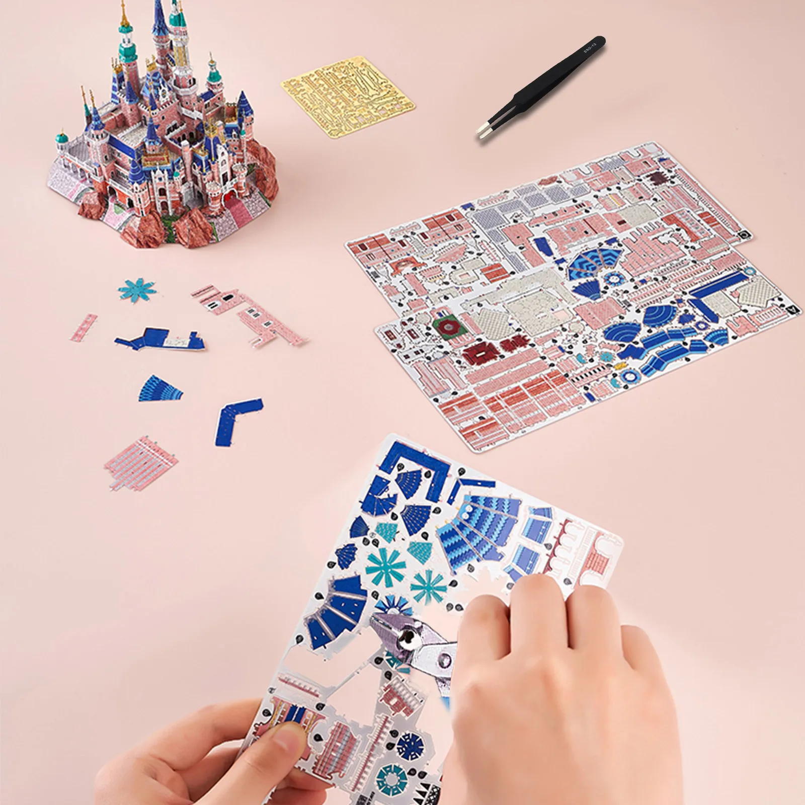 IRON STAR 3D Metal Puzzle Pink Dream Castle With Light DIY Assembly Model kits Toy For Adults Children Gift for Girlfriend 5