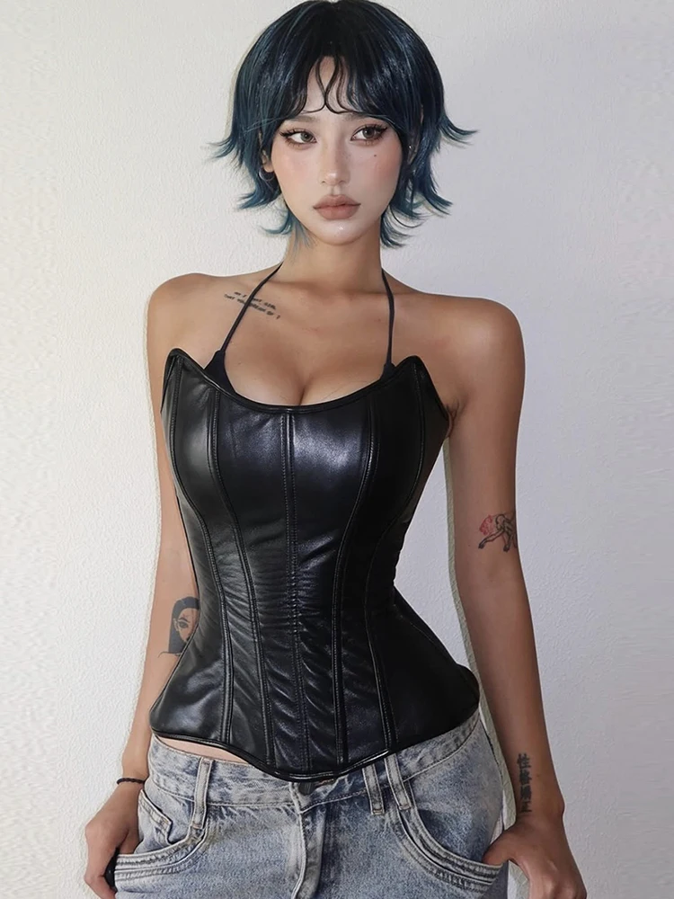 Nibber Irregular Hem Tank Top Women Sexy Faux Leather Fashion Casual Sleeveless Patchwork Coquette Midnight Party Club Vests