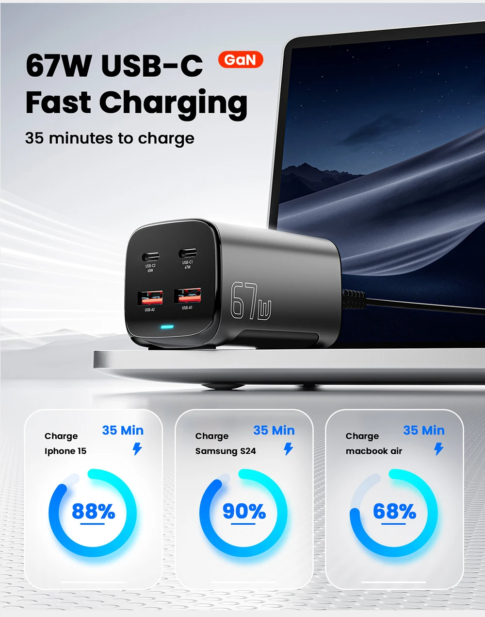 67W USB C GaN Charger Desktop Quick Charge3.0 PPS PD3.1 Fast Charging For MacBoo