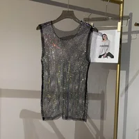 Women&Men Crystal  Rhinestones Shiny Sexy Y2K Tank Tops High Quality Party Club Sexy See Through Mesh Hollow Out Diamond shirt - Image 3