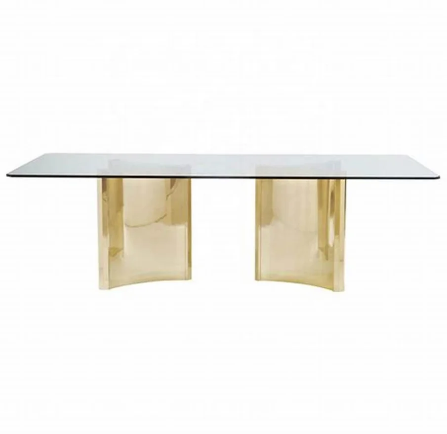 

Modern luxury gold stainless steel dining table with glass top
