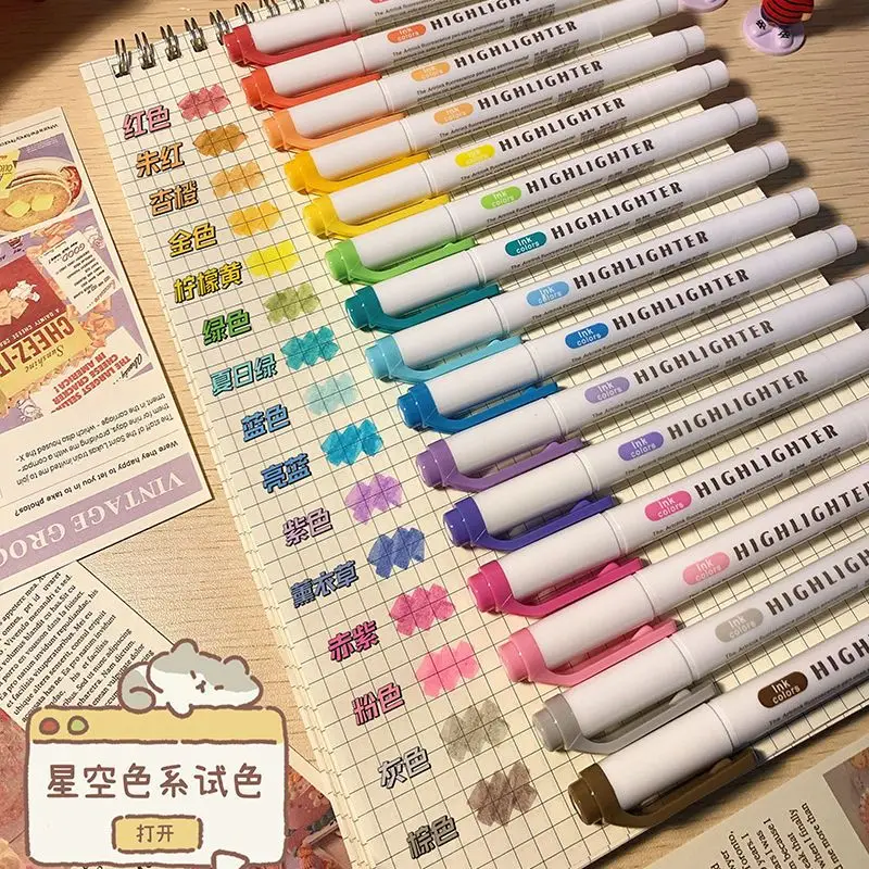 Double Headed Color Highlighter Pen High Visual Value Marking Key Point Marking Note Taking Non Smudging Paper Student