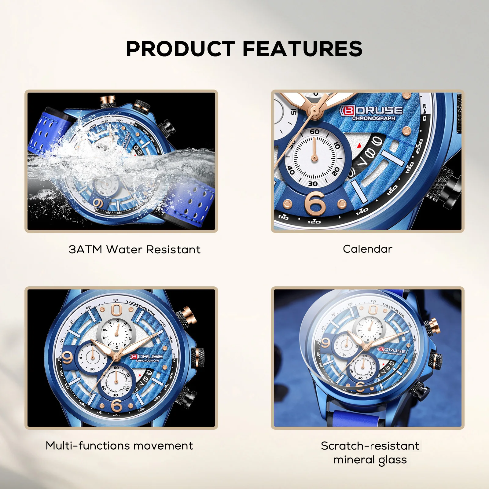 BORUSE Fashion Mens Watches Brand Luxury Business Quartz Watch Man Premium Leather Watch Men Waterproof Sport Chronograph Clock