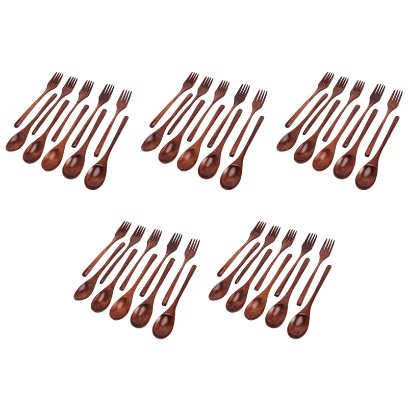 

50 Pcs Wooden Spoons Forks Set Wooden Utensil Set Reusable Natural Wood Flatware Set For Cooking Stirring Eating