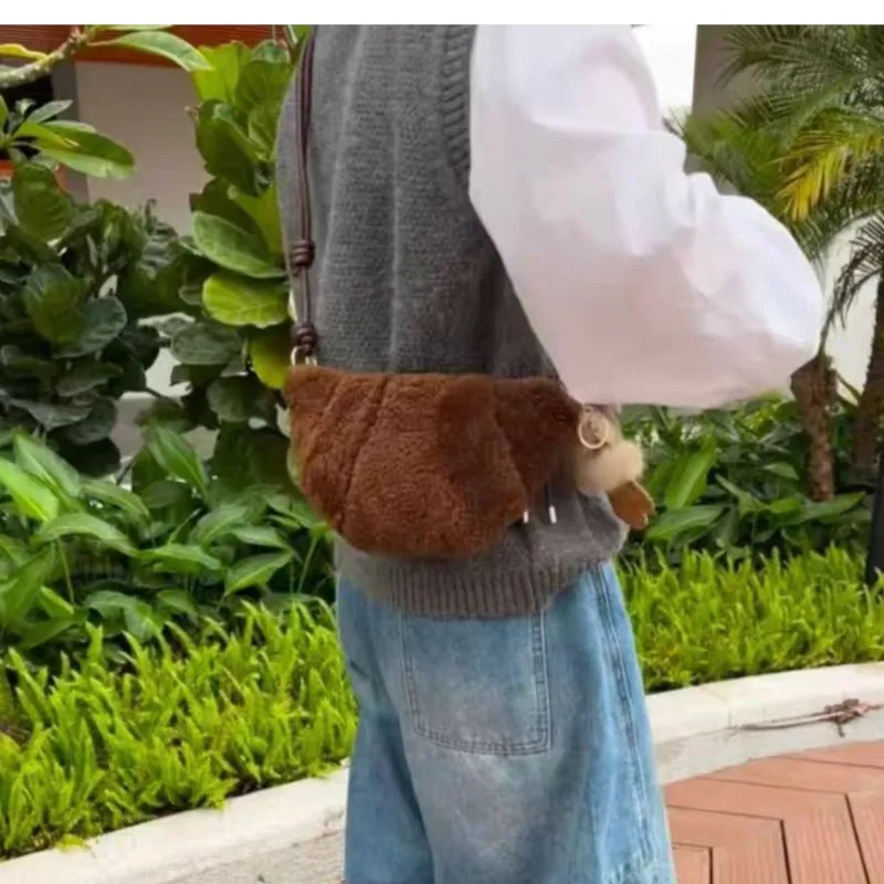 JIAERDI Cute Lambswool Croissant Bag Women Retro Brown Compact Shoulder Bag Ladies Korean Personalized Casual Crossbody Bag 2025