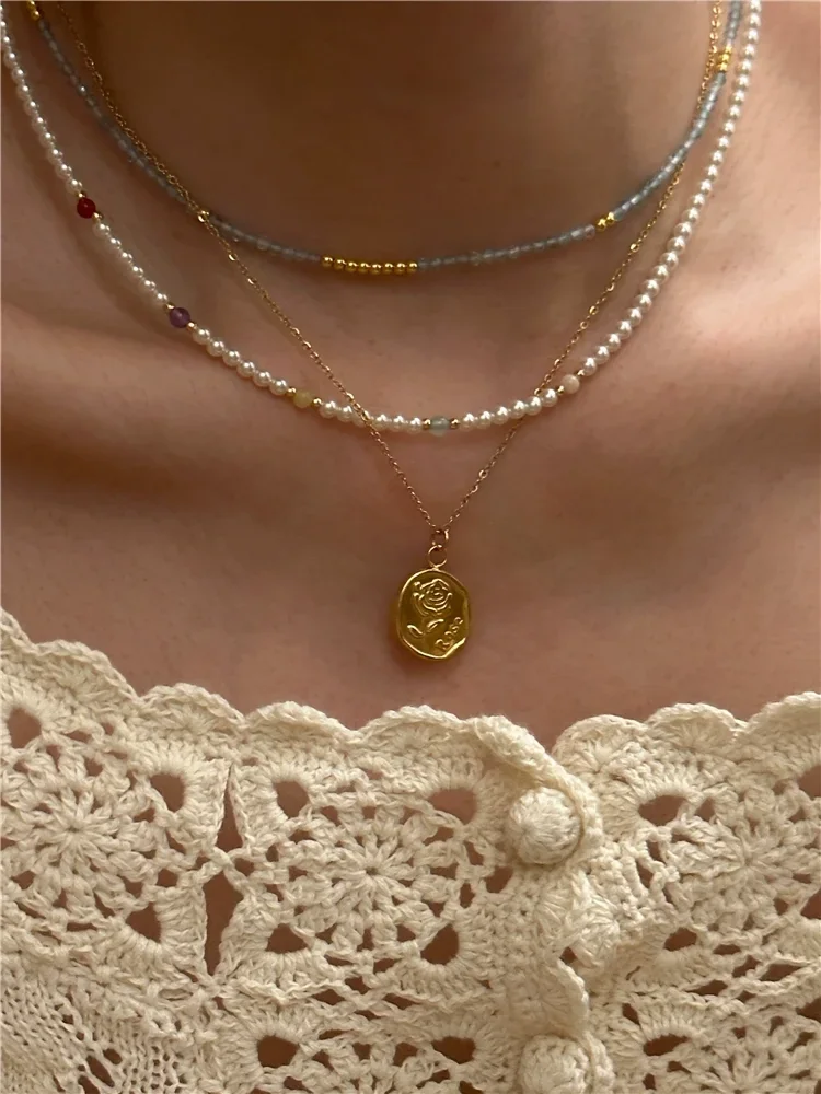 

Brass With 18K Colorful Natural Beads Rose Pendant Necklaces Sets Women Jewelry Punk Designer Runway Rare Gown Boho Japan Korean