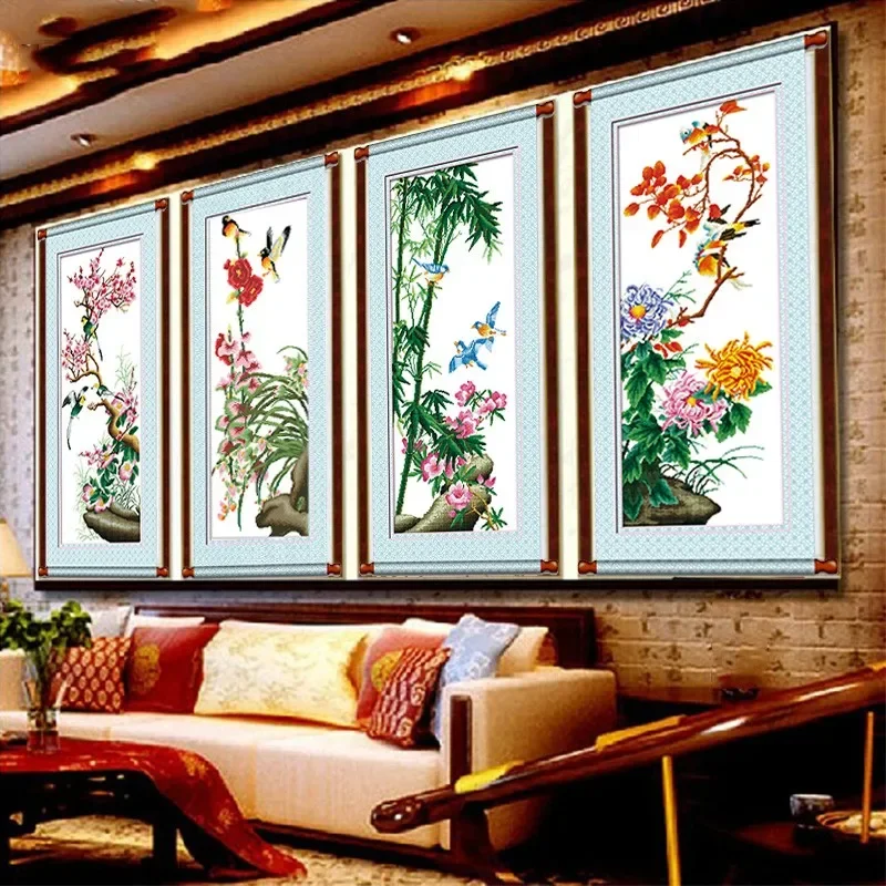 QIANZEHUI,Needlework,DIY Plum, orchid, bamboo, chrysanthemum Cross stitch,Sets For Embroidery kits, Counted Cross-Stitching
