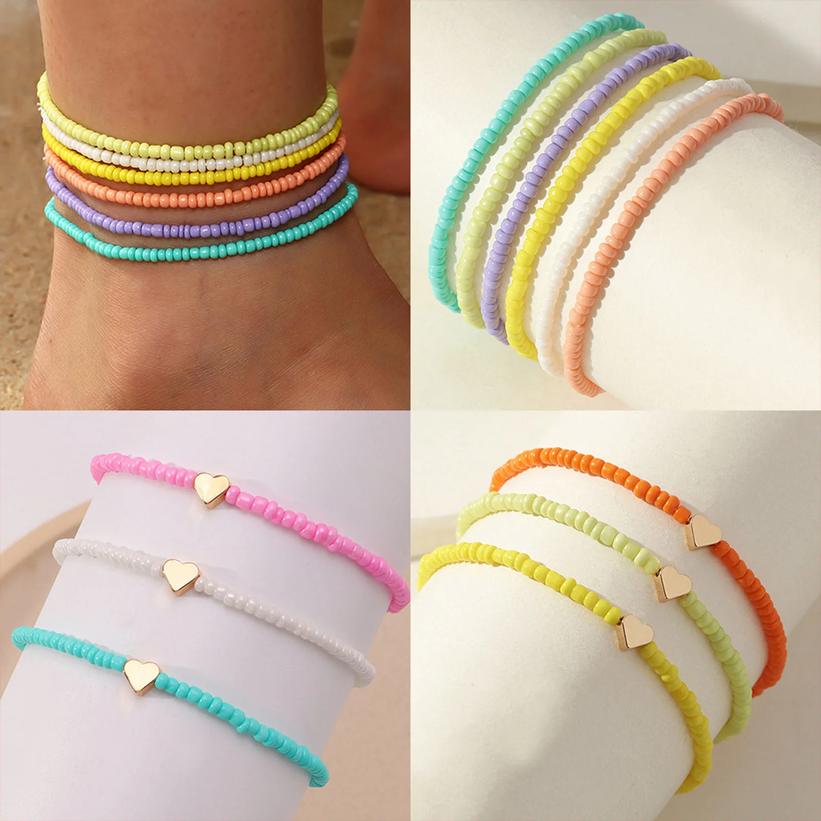 Bohemia Summer Colorful Rice Beads Heart Beads Ankle Bracelet Anklet Set 1 Set For Women Boho Ocean Barefoot Beach bead bracelet,beads anklet