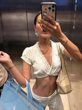 Kliou Ruffles Edge Design T-Shirts Woman Summer Trend Single-Button Cardigan Mini Sleeve Navel Exposed Street Y2K Style Tees 1