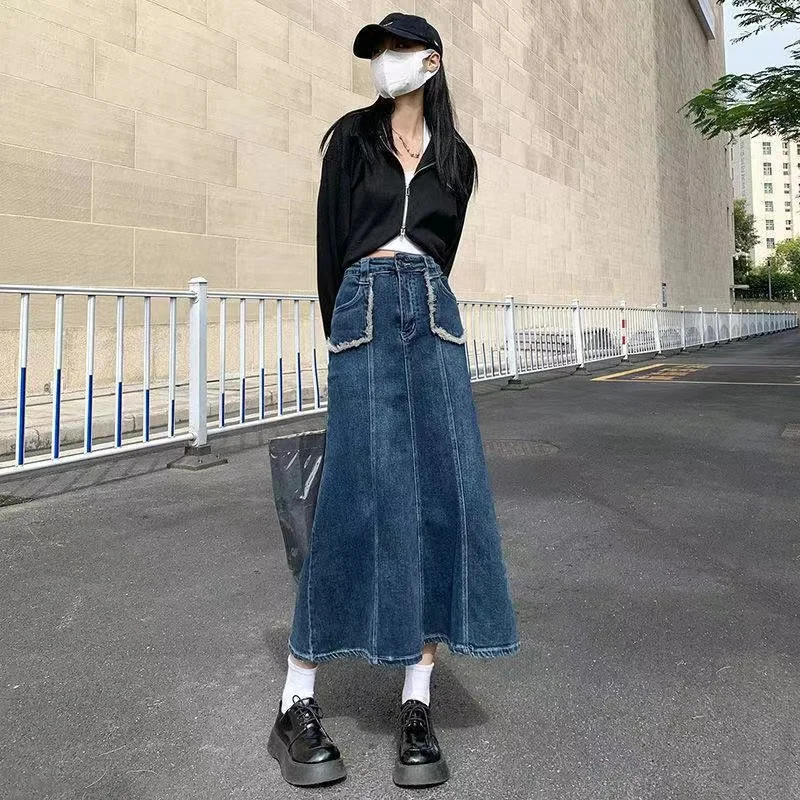 Luck A 2022 Fashion Retro Long Summer Spring Denim Skirts Girls High Waist Button Pockets Split Jeans Straight Maxi Denim Skirts nike skirt