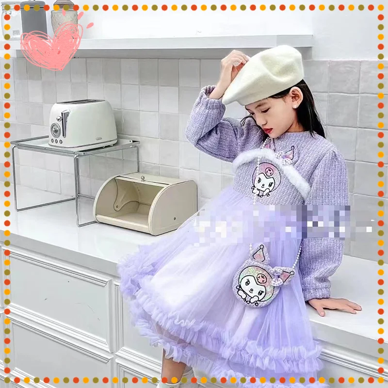 

Платье принцессы Sanrio Kuromi Kawaii для девочек, Мультяшные модные плюшевые юбки с тортом и сумкой, Детская Милая зимняя одежда, милая