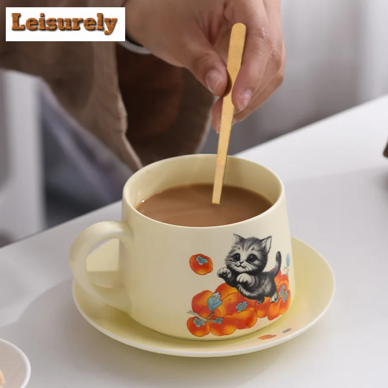 280ML Hand Drawn Persimmon Cat Coffee Mug With Plate Cappuccino Latte Cup Afternoon Tea Mug Household Cup Saucer Kit Tableware