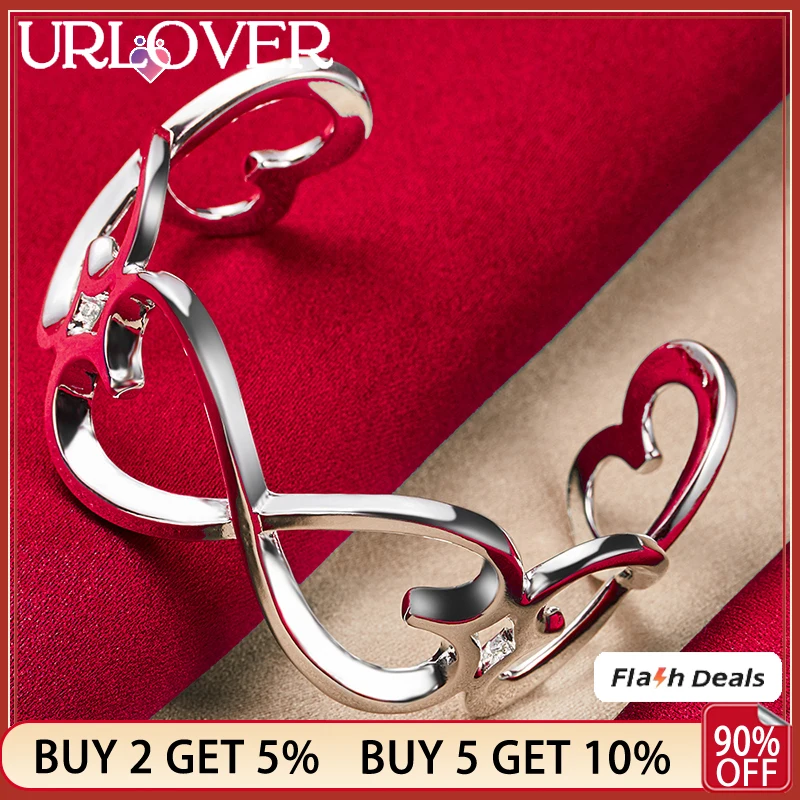 

URLOVER 925 Sterling Silver Bangle For Women Heart Bowknot Opening Bangles Lady Engagement Wedding Fashion Jewelry Birthday Gift