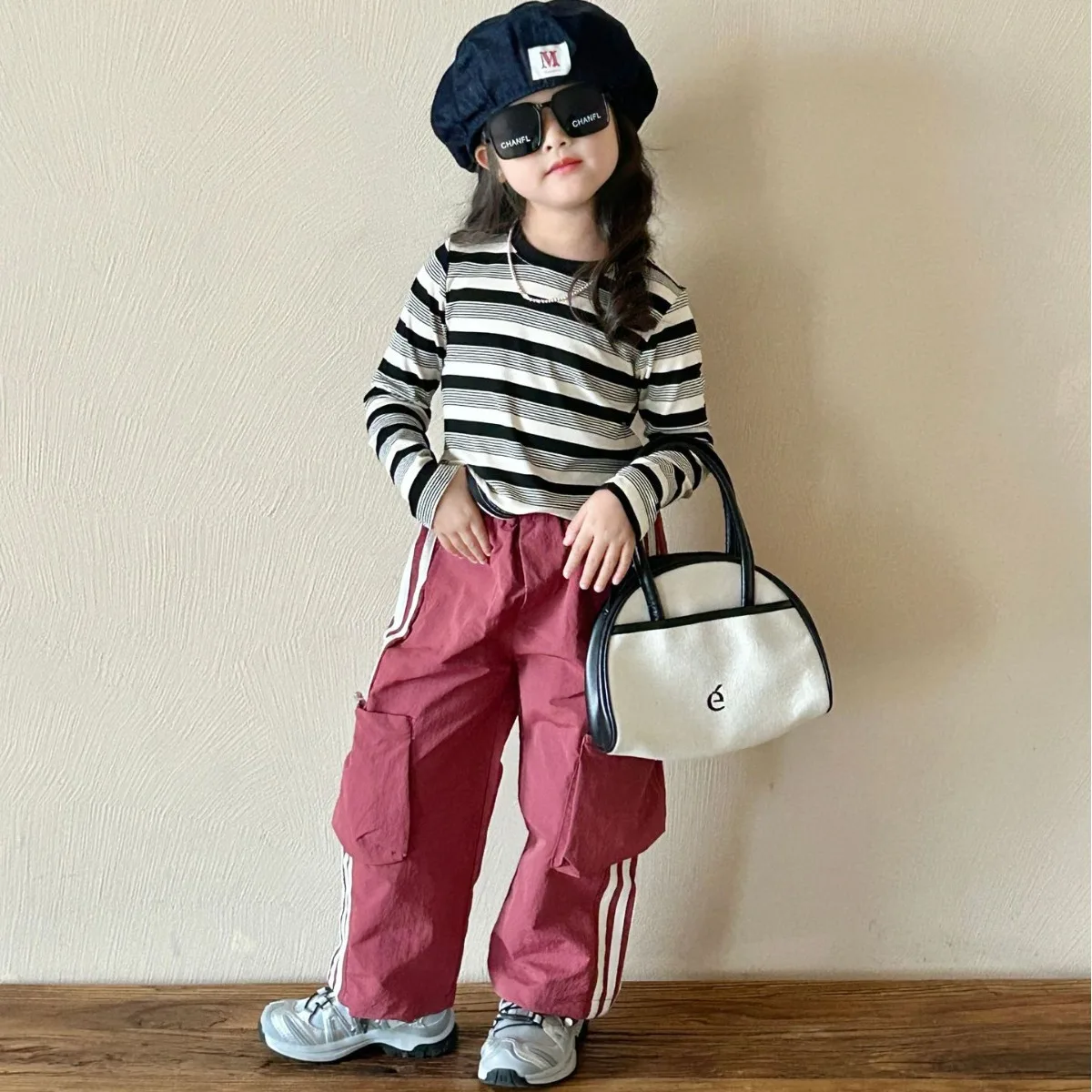 

Spring Summer 2024 Kid Girls 2PCS Clothes Set Long Sleeve Stripe Undershirt Versatile Loose Cargo Pants Suit Baby Girls Outfits