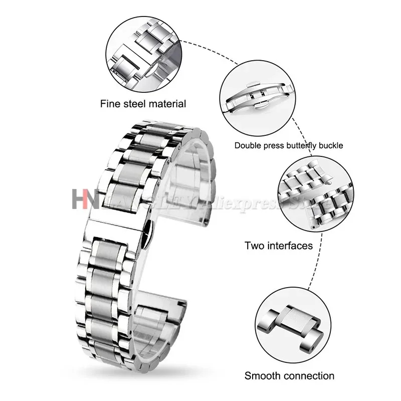Elegant Curved End Stainless Steel Watch Strap with Butterfly Buckle
