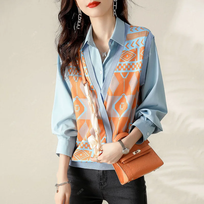 Fashion Lapel Button Spliced Printed Fake Two Pieces Shirt Female Clothing 2022 Autumn Casual Tops All-match Office Lady Blouse blouses serape striped button fake two piece blouse in multicolor size l m s xl