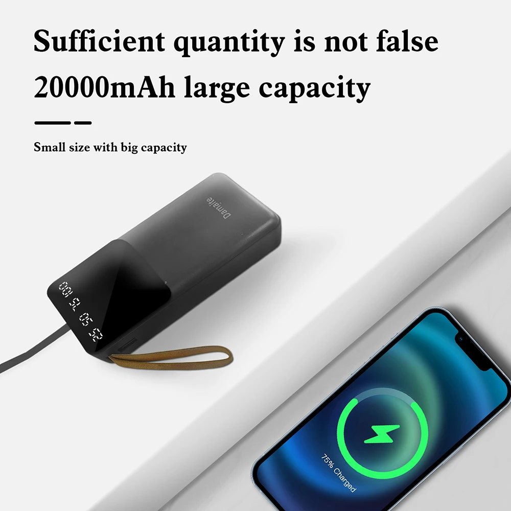 20000mAh Power Bank Portable Charger Backup LED Digital Display External Battery 4in1 Cable Mobile Power 3