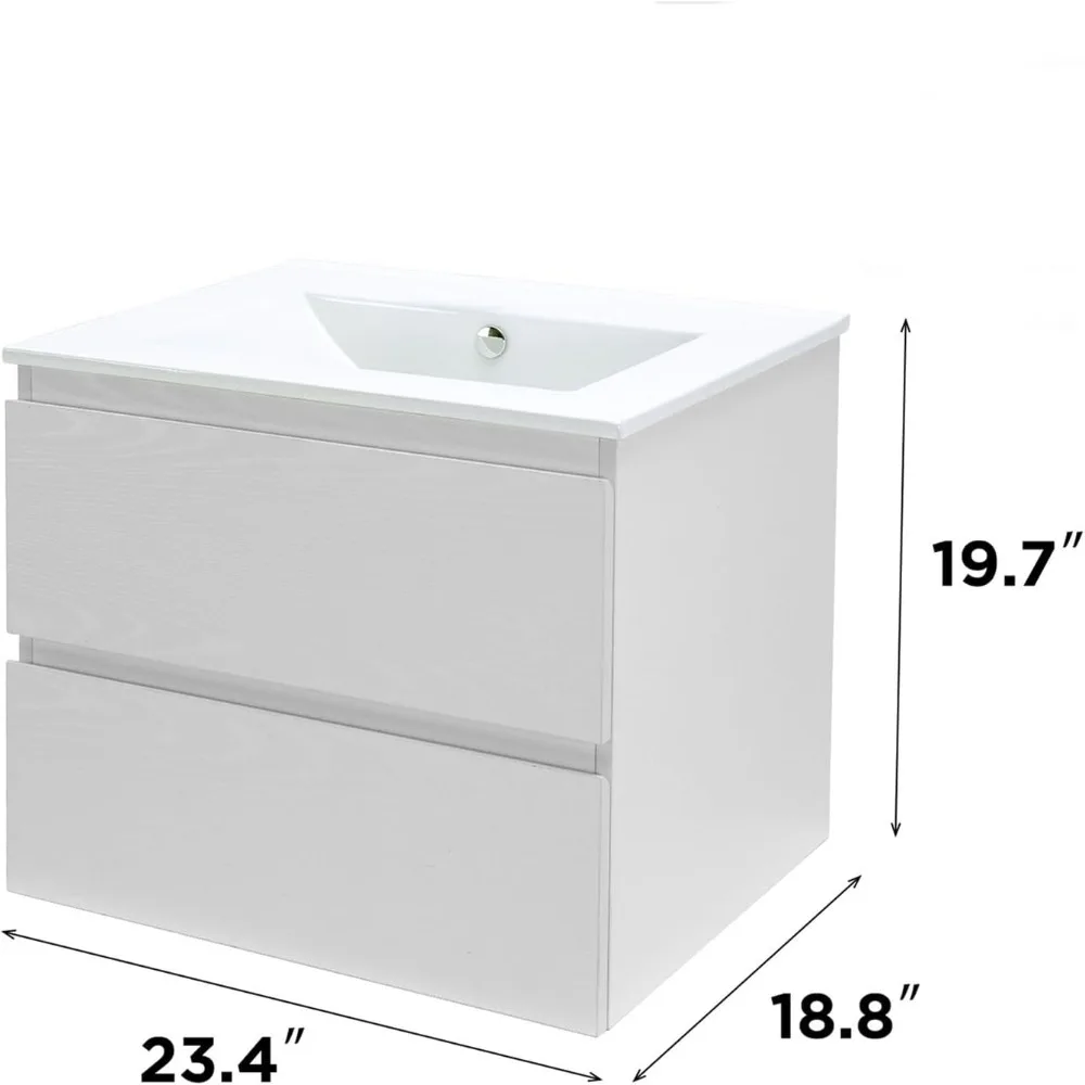 Bathroom Organizers, 24" Wall Mounted Bathroom Vanity With Sink Floating Vanity Two Drawers Bathroom Cabinet With Ceramic Integr 2