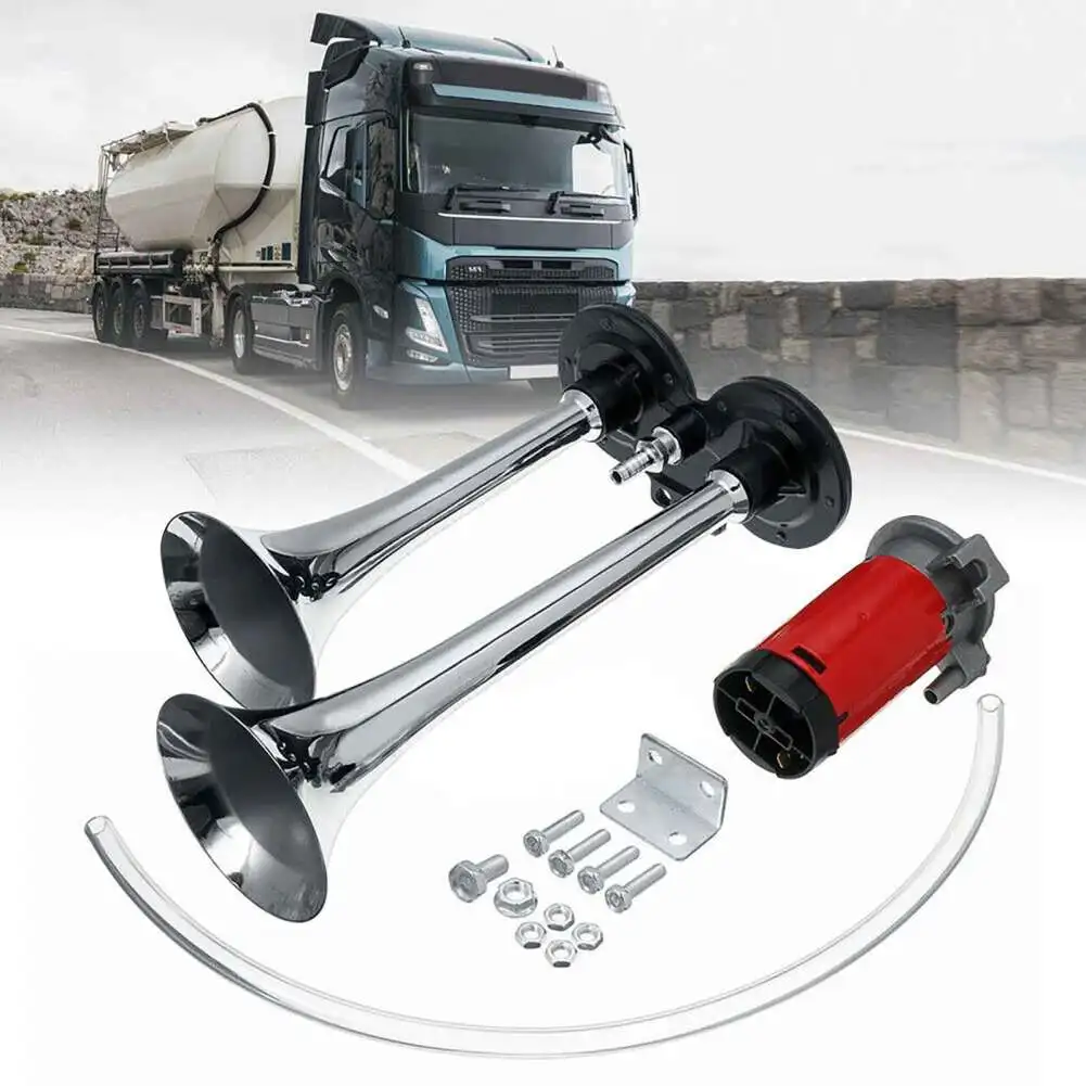 12V Car Air Horn Dual Trumpets 150Db Super Loud Car Electric Horn Compressor Per Camion Veicoli Treni Barche Altoparlante Accessorio