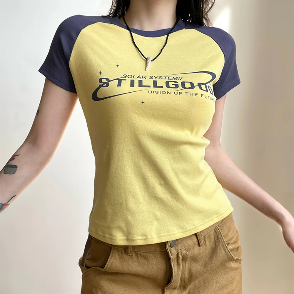 

Новинка 2023, модная женская футболка с цветным принтом ins, вставка на плечо для столкновения, с коротким рукавом, купите еще две Скидки