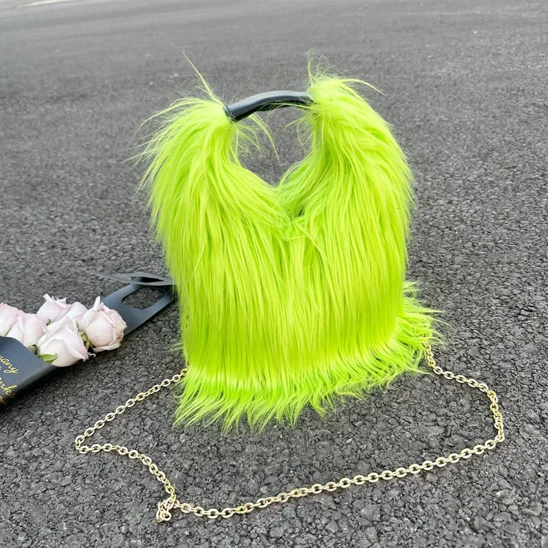 

Punk Faux Fur Women's Purse Handbags Solid Color Y2k Hot Girls Plush Shoulder Bags Soft Furry Female Chain Tote Crossbody Bag