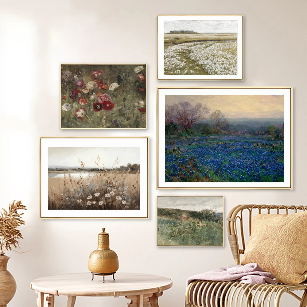Bed Of Poppies Print Vintage Wildflower Field Landscape Oil Painting Canvas Poster Spring Lawn Prints Farmhouse Wall Decor