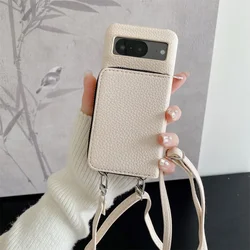 Leather Litchi Wallet Phone Case with Shoulder Strap and Card Holder Stand for Pixel 5 (Beige)