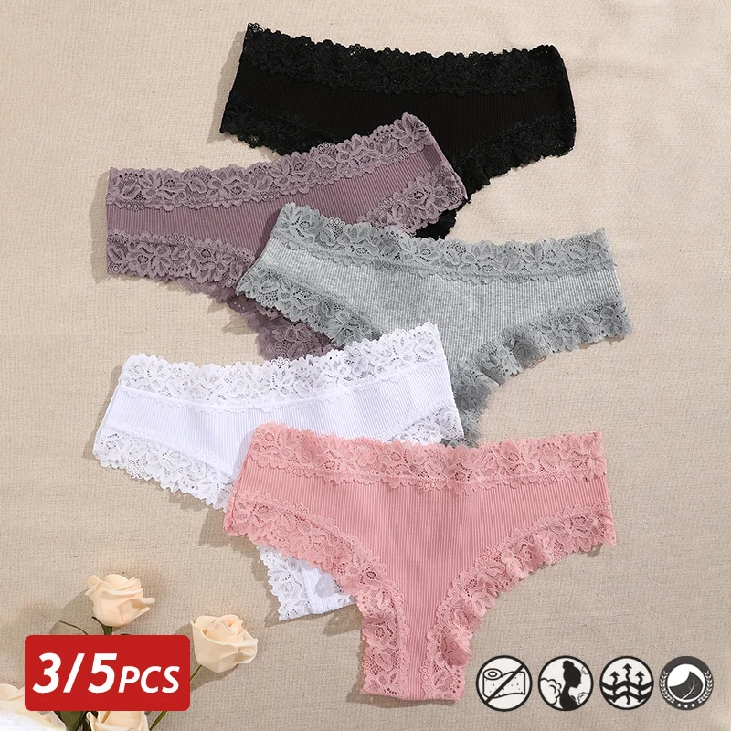Women Panties 3/5PCS Lace Seamless Cotton Ribbed Brazilian Low Waist Breathable Plus Size Lingerie