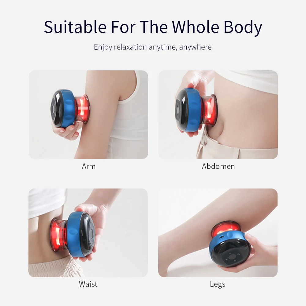 A person using the Smart Cupping Device on their arm, abdomen, waist, and leg. The text states "Suitable For The Whole Body" and "Enjoy muscle pain relief anytime, anywhere.