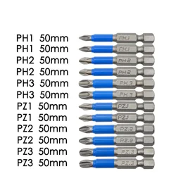 12pcs 50mm Screwdriver Bit Set PH1 PH2 PH3 PZ1 PZ2 PZ3 High Hardness Blue Alloy Steel Screwdriver Magnetic Electric Hand Tool