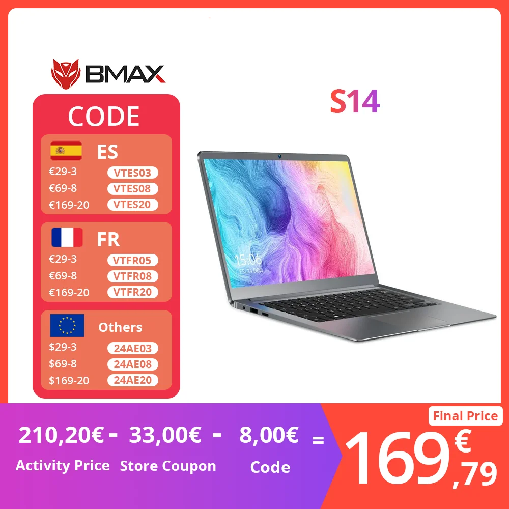 Bmax S14 Intel N4100 Cpu 1920*1080 Laptop Da 14 Pollici 8Gb Ram 256Gb Ssd Windows 11 Notebook Dual Wifi Usb Laptop Pc
