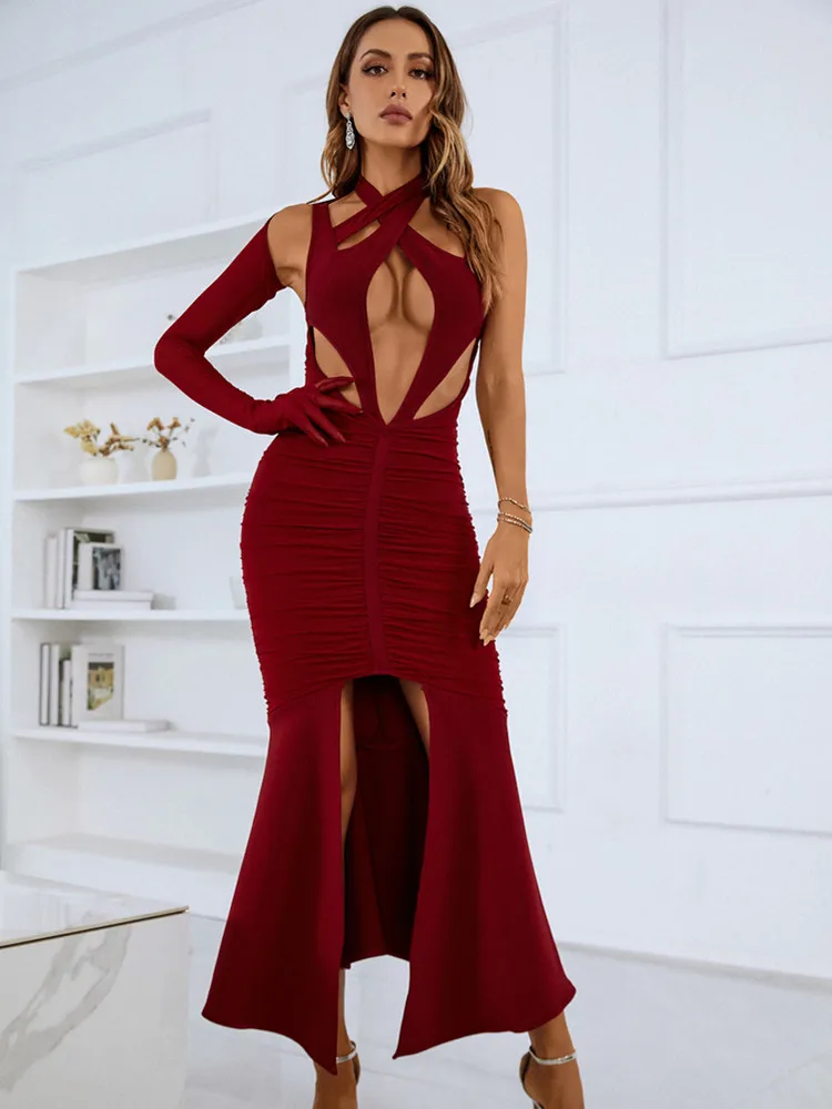 

2023 New Designer Burgundy Cut Out Single Long Sleeve Long Mermaid Bandage Dress Sexy Hot Celebrity Evening Club Party Gowns