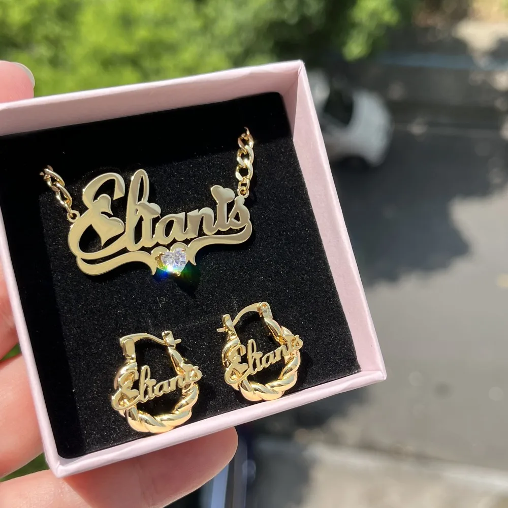 DUOYING Custom Name Jewelry Set With Heart Personalized Mini Hoop Earring Stainless Steel Nameplate Necklace for Children's Gift