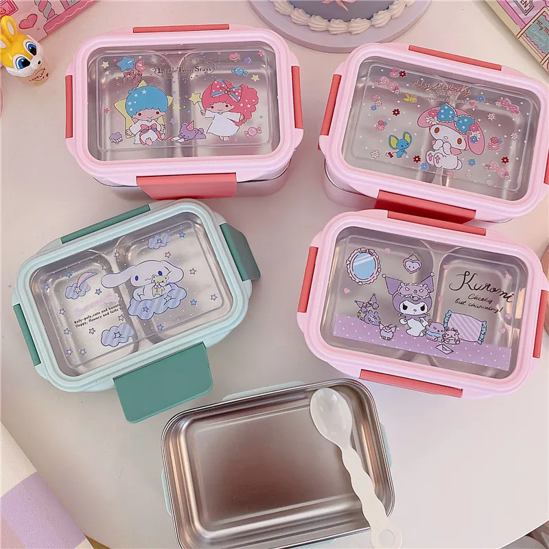 Cute Sanrio Kuromi Double-Layer Bento Lunch Box with Rice Stainless Steel Insulated Anti-Scald Compartment Cinnamoroll Tableware kids lunch box 304 stainless steel bento lunch box with compartment tableware microwave food container box japanese