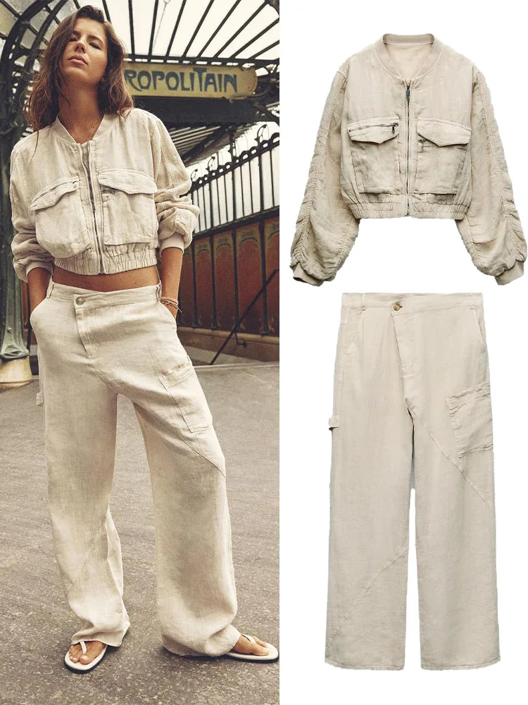 2023 autumn new women's clothing all-match linen bomber jacket with pockets + asymmetric waist linen low-rise straight-leg pants