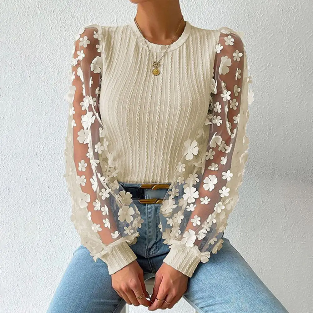 

Elegant Women Shirt See-through Mesh Flower Applique Round Neck Long Sleeve Solid Pullover Blouse Twist Texture OL Commute Top