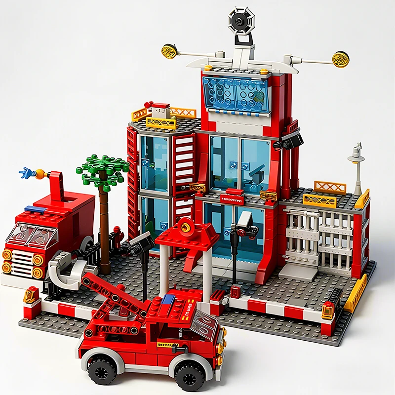 Police and Fire Station Building Blocks Set with Rescue Truck Car Figures Constr