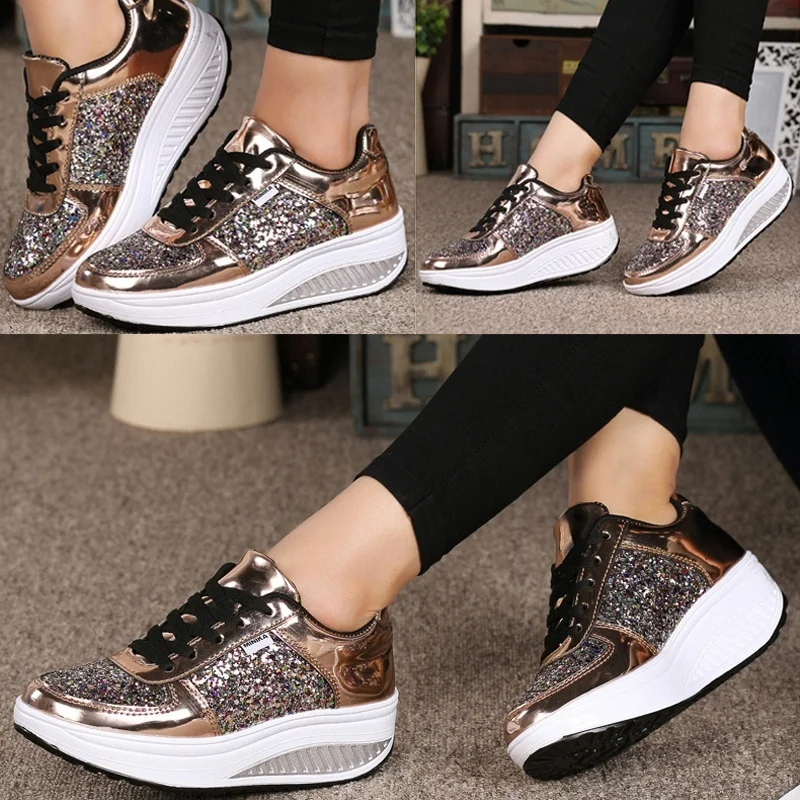 Womens Platform Toning Wedge Shoes Sequins Shake Shoes Fashion Girl Sport Fitness Woman Slimming Sneakers