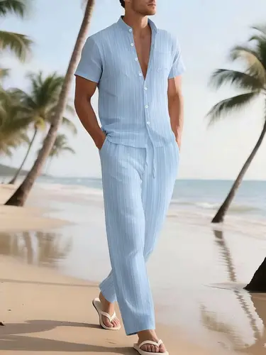 Summer New Men's Fashion Stand Collar Pocket Short Sleeve Shirt And Long Pants Set Casual Beachwear - Image 2