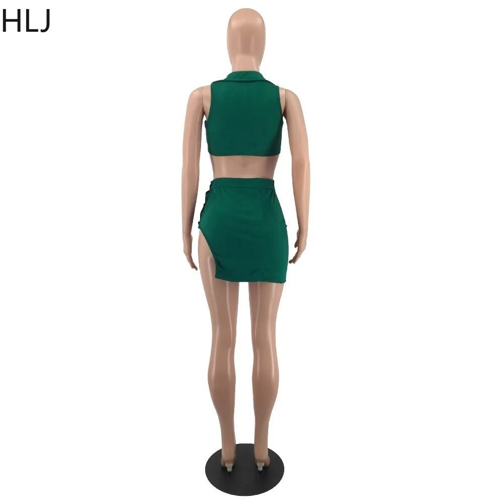 HLJ Fashion Solid Color Velvet Slit Skinny Skirts Two Piece Sets Women Turndown Collar Sleeveless Crop Top And Skirts Outfits
