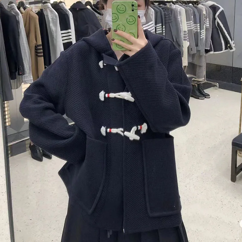 

2024 Winter Women Thicken Jacket Blends Coat Warm Casual Solid Striped Design Hooded Outerwear Big Pockets Loose Korean Design
