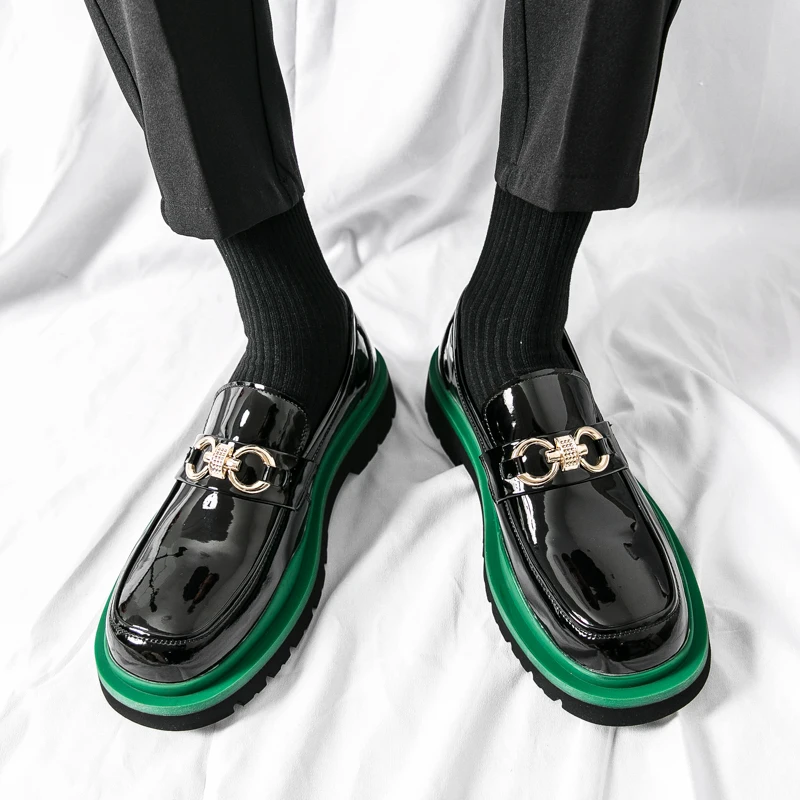 Men  New Lefu Leather Shoes Round Toe Lacquer Leather Thick Sole Wear resistant Metal Buckle Leather Shoes Black Size 38-44